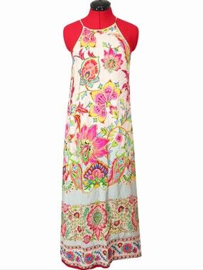 Zara Floral Print Halter Maxi Dress, Cream Pink Paisley Summer Dress